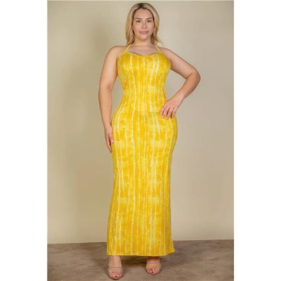 Plus Size Tie Dye Printed Cami Bodycon Maxi Dress- Yellow Tie Dye - Picture 4 of 5